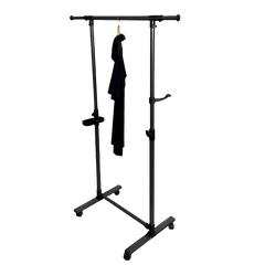 Short clothes hanger with chassis and wheels, heavy-duty rolling clothes hanger, black