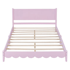 Queen Size Wood Platform Bed Frame, Retro Style Bed with Rectangular Headboard,No Need Box Spring,Pink