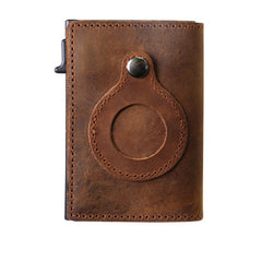 Leather Sliding Wallet Bi-Fold Credit Card Wallet Automatic Pop-Up Card Holder With Air Tag Protective Sleeve