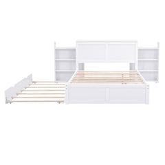 Full Size Storage Platform Bed with Pull Out Shelves and Twin Size Trundle, White