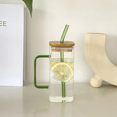 Square colored handle cup glass straw cup with lid milk tea cup with large capacity