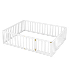 Queen Size Wood Floor Bed Frame with Fence and Door White(OLD SKU:WF289663AAK)