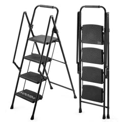 Four step ladder, lightweight folding four step stool, wide anti slip pedal and safety handle, sturdy steel ladder