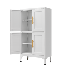 White metal kitchen storage cabinet, kitchen pantry storage cabinet with door and shelf, adjustable leveling feet