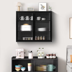 27.56"Glass Doors Modern Two-door Wall Cabinet with Featuring Three-tier Black