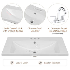 30" Single Bathroom Vanity Top with White Basin  3-Faucet Holes  Ceramic White