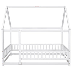 Full Size Floor Wooden Bed with House Roof Frame, Fence Guardrails ,White