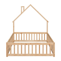 Full House-Shaped Headboard Floor Bed with Fence Natural