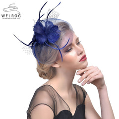 WELROG Feather Cap Lady Cocktail Dinner Party Fedoras Wedding Bridal Mesh Veil Hats Vintage Sombreros Chapeau Fascinators Hat