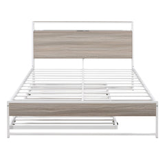 Full Size Metal Platform Bed Frame with Trundle, USB Ports and Slat Support No Box Spring Needed White