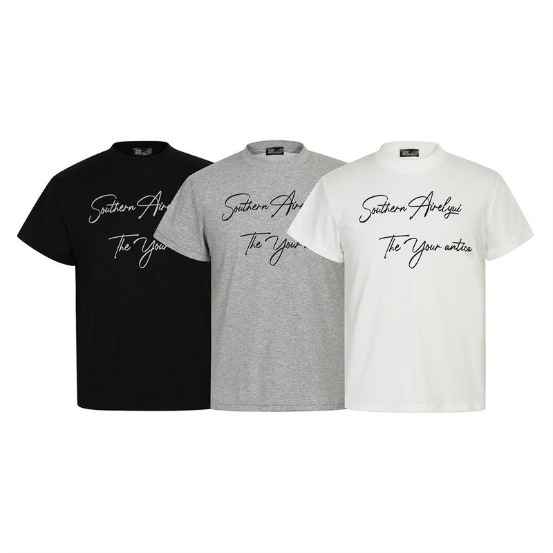 Handwritten English Letter Print Short Sleeve T-Shirt Men's Slim Fit Regular Shoulder Casual Round Neck Half Sleeve Top INS Trendy Tee