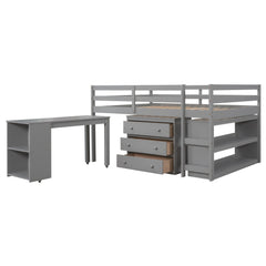 Low Study Full Loft Bed with Cabinet Shelves and Rolling Portable Desk Multiple Functions Bed- Gray