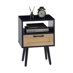 15.75" Rattan End table with drawer and solid wood legs Modern nightstand side table for living room black