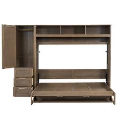 Full Size Murphy Bed with Wardrobe, Drawers and Open Shelves, Antique Grey