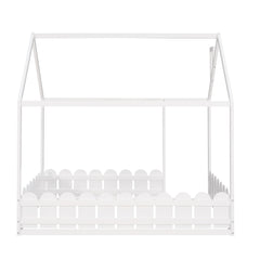 (Slats are not included) Full Size Wood Bed House Bed Frame with Fence for Kids Teens Girls Boys (White )