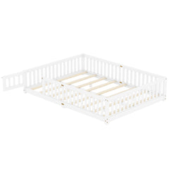 Queen Size Bed Floor Bed with Safety Guardrails and Door for Kids, White