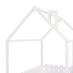 (Slats are not included) Full Size Wood Bed House Bed Frame with Fence for Kids Teens Girls Boys (White )