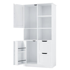 Bathroom storage cabinet with doors and drawers, multiple storage spaces, independent, open adjustable shelves, white