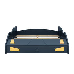 Full Size Race Car-Shaped Platform Bed with Wheels and Storage, Dark Blue+Yellow