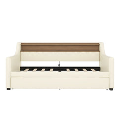 Twin Size Daybed with Trundle, Upholstered Daybed with Charging Station and LED Lights, White