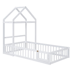 Wooden Twin Size Children's Bed with Detachable Headboard and Integrated Clothes Drying Rack, White