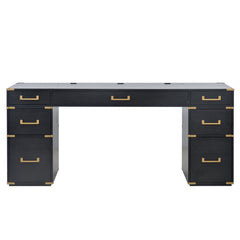 70 inch classic and traditional executive desk with metal trim, writing desk with 2 file drawers, USB ports, and sockets, black