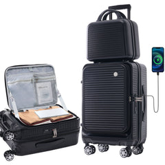 Carry-on Luggage 20 Inch Front Open Luggage Lightweight Suitcase with Front Pocket and USB Port, 1 Portable Carrying Case Black