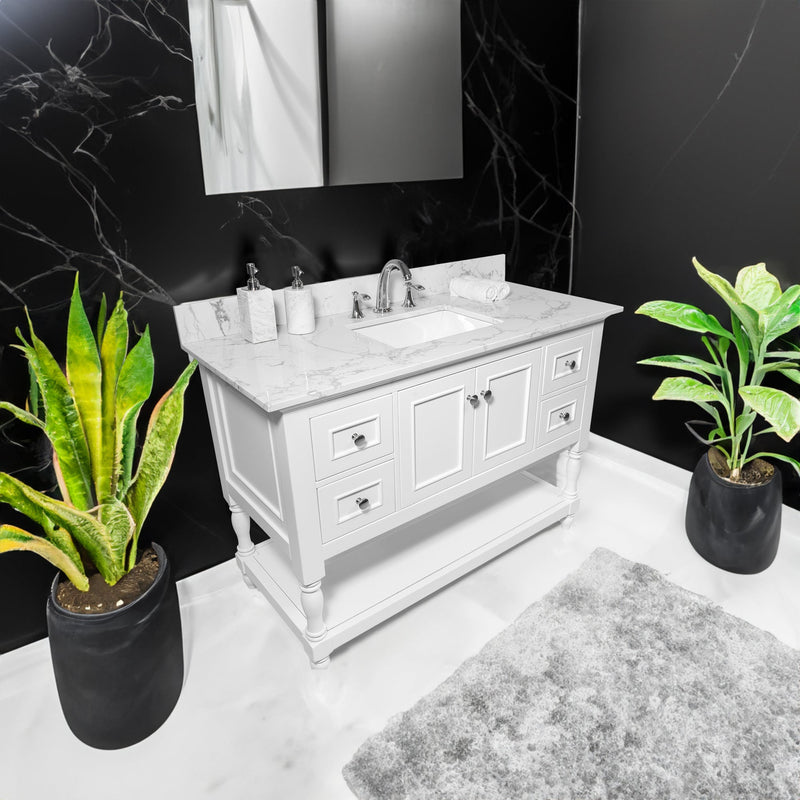 Montary 43x22 bathroom stone vanity top engineered stone carrara white marble color with rectangle undermount ceramic sink and 3 faucet hole with back splash