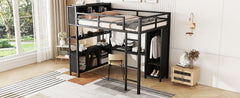 Metal loft bed with wardrobe and L-shaped desk, full-size loft bed with storage cabinet and shelf, heavy-duty loft bed, black