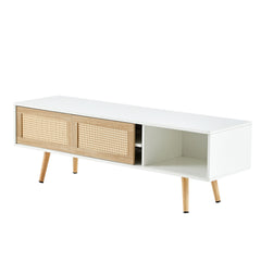 55.12" Rattan TV cabinet double sliding doors for storage adjustable shelf solid wood legs TV console for living room  White