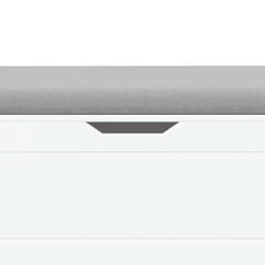 A white rubber wood children's toy box with soft cushioned seats, stools, flip covers, and safety hinges for toy storage