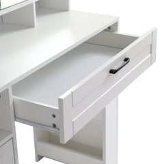 Vanity table with large sliding lighted mirror dressing table with 2 drawers storage shelves and upholstered stool white color