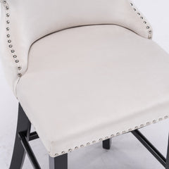 Velvet padded wing back bar stool with button tuft decoration and wooden leg chrome nail head decoration 2-piece set (beige)