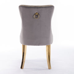 Tufted solid wood velvet cushioned dining chair, gold-plated stainless steel nail leg heads, 2 pieces in gray and gold