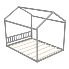 Queen Size Wooden House Bed with Headboard Gray