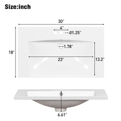 30" Single Bathroom Basin Sink, Vanity Top Only, 3-Faucet Holes, Resin