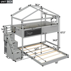 Twin over Full House Bunk Bed with Storage Staircase and Blackboard Gray