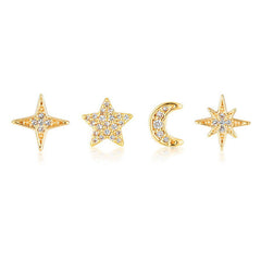 S925 Small Ins 4 Piece Set Star Octagonal Star Four Point Star Moon Earring Set