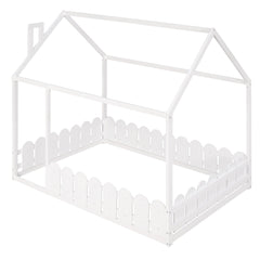 (Slats are not included) Full Size Wood Bed House Bed Frame with Fence for Kids Teens Girls Boys (White )