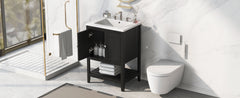 24" Black Modern Sleek Bathroom Vanity Elegant Ceramic Sink with Solid Wood Frame Open Style Shelf