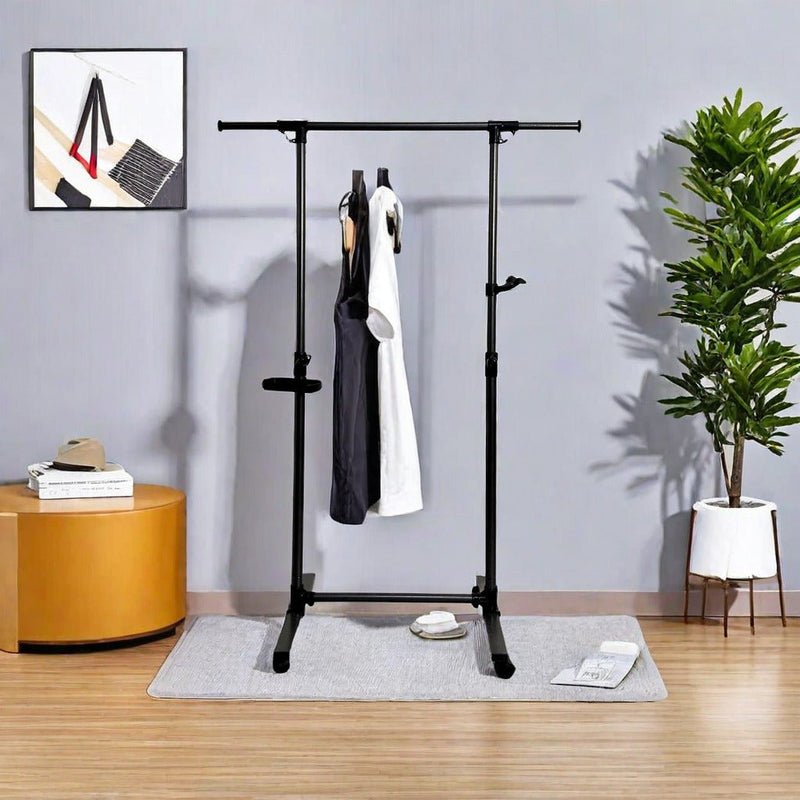 Short clothes hanger with chassis and wheels, heavy-duty rolling clothes hanger, black
