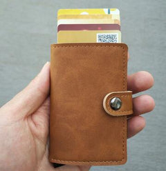 RFID Protected Vintage Automatic Leather Credit Card Holder Men Aluminum Alloy Hasp Business ID Multifunction Cardholder Wallet