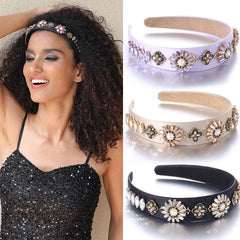 Fashionable Baroque Retro Set Water Diamond Flower Wide Edge Pearl Hair Hoop