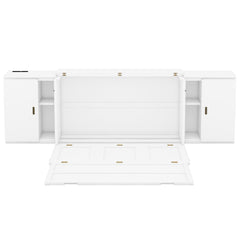 Queen Size Murphy Bed with Shelves, Cabinets and USB Ports,White