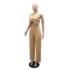 Round Neck Casual Sleeveless Sexy Top with Slim Long Pants Two-Piece Women's Set