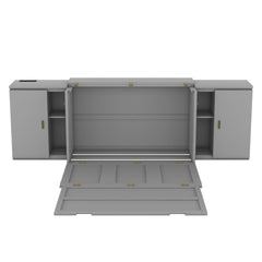 Full Size Murphy Bed with Shelves, Cabinets and USB Ports,Gray