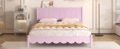 Queen Size Wood Platform Bed Frame, Retro Style Bed with Rectangular Headboard,No Need Box Spring,Pink