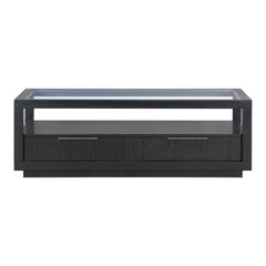U-Can modern wooden coffee table with 2 drawers and minimalist display coffee table with transparent tempered glass