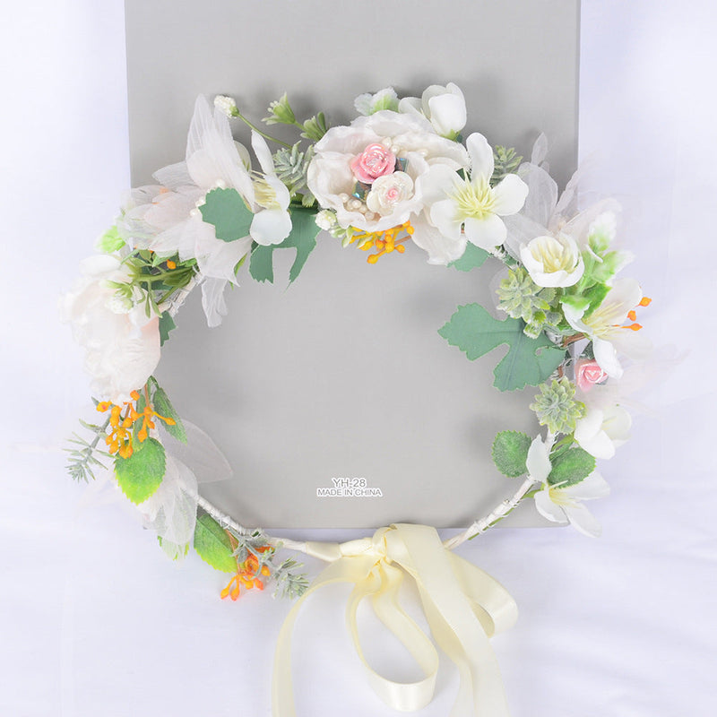 Korean style super fairy bride headdress simulation flower green leaf hair accessory sweet girl Hanfu wedding headdress wreath