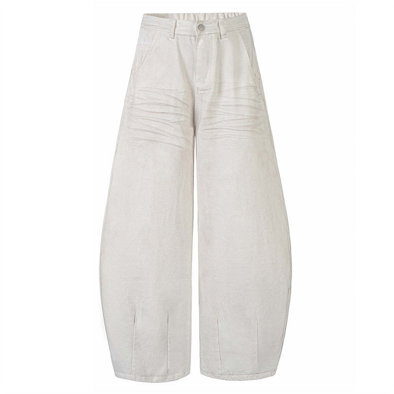 Sprayed and Distressed Denim Tapered Pants with High Street Punk Pocket Design, Loose Wide Leg Long Pants
